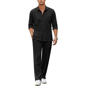 Casual 2 Piece Men's Outfit Long Sleeve Button Shirt Pant Set